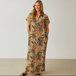 C&C California Women’s XL Shirt Dress Maxi Tropical Print Linen Blend Casual